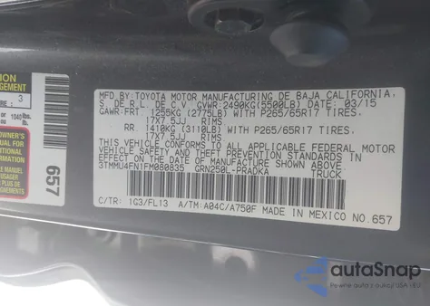 2015 Toyota Tacoma Base V6 из США, поврежденный, VIN 3TMMU4FN1FM080835